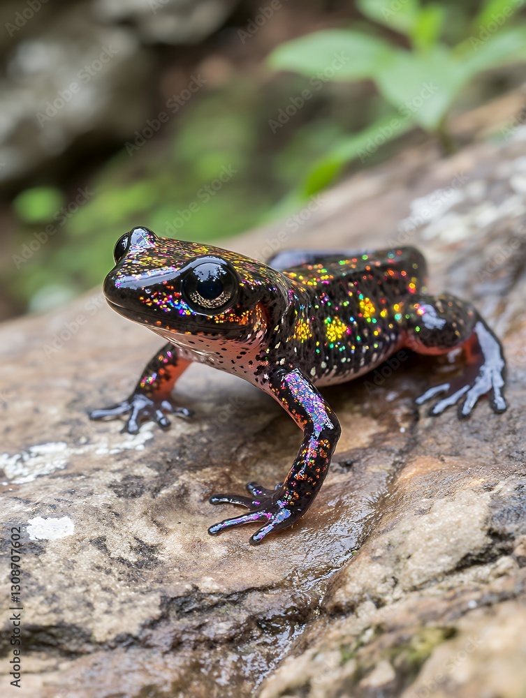 a multicolored salamander crawling on damp stone a multicolored salamander crawling on damp stone