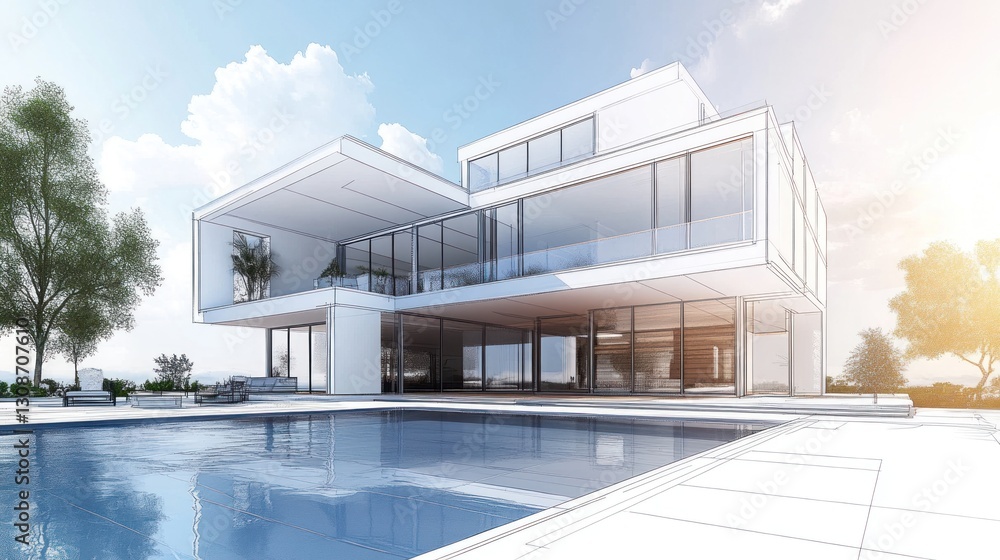 Fototapeta premium Modern Home Design with Pool and Sketch Lines
