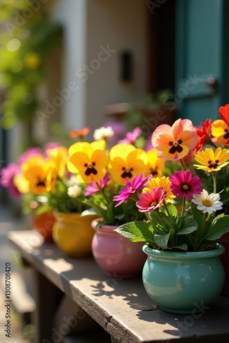 Wallpaper Mural Sunlit display of colorful pansies, daisies and snapdragons in cheerful ceramic pots , pink, flower pots, flora Torontodigital.ca