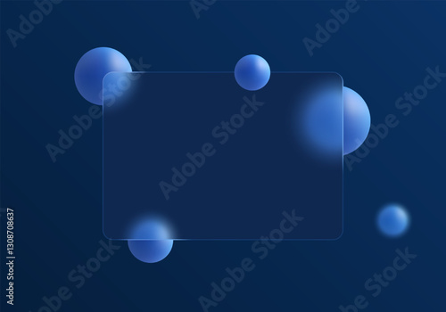 Glass morphism with frosted glass partition and floating blue spheres on a dark background.