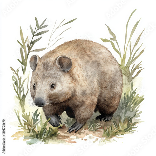 Adorable wombat illustration painted in realistic boho style searches for food