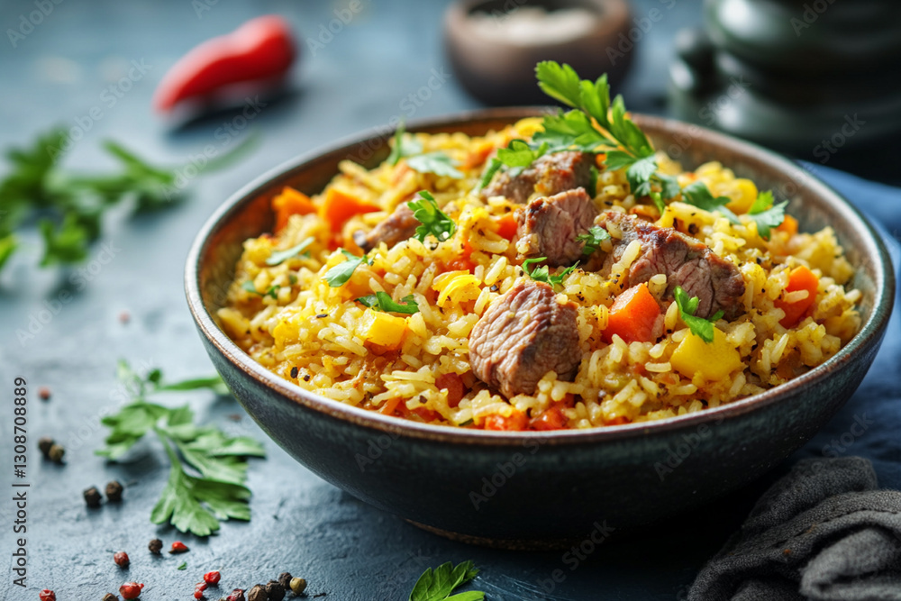 Turkish pilaf with lamb, vegetables and spices, garnished with herbs Turkish pilaf with lamb, vegetables and spices, garnished with herbs
