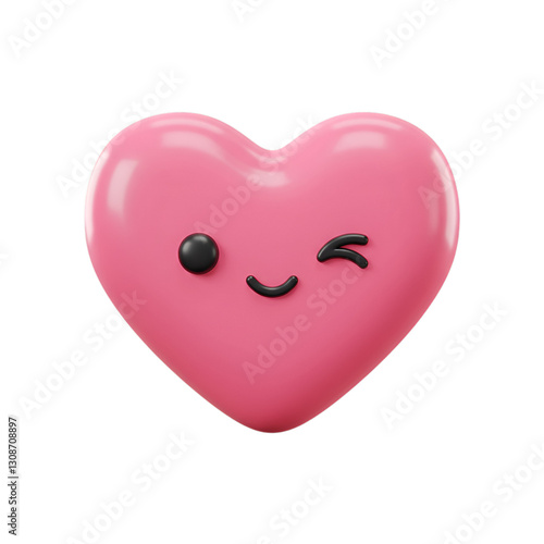 Cute Pink Heart Emoji with Winking Face, 3D Rendering on Transparent Background