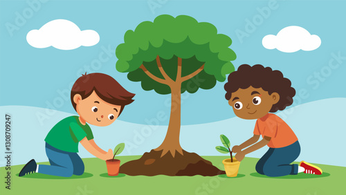 Two children kneeling next to a tree carefully covering its roots with soil.. Vector illustration