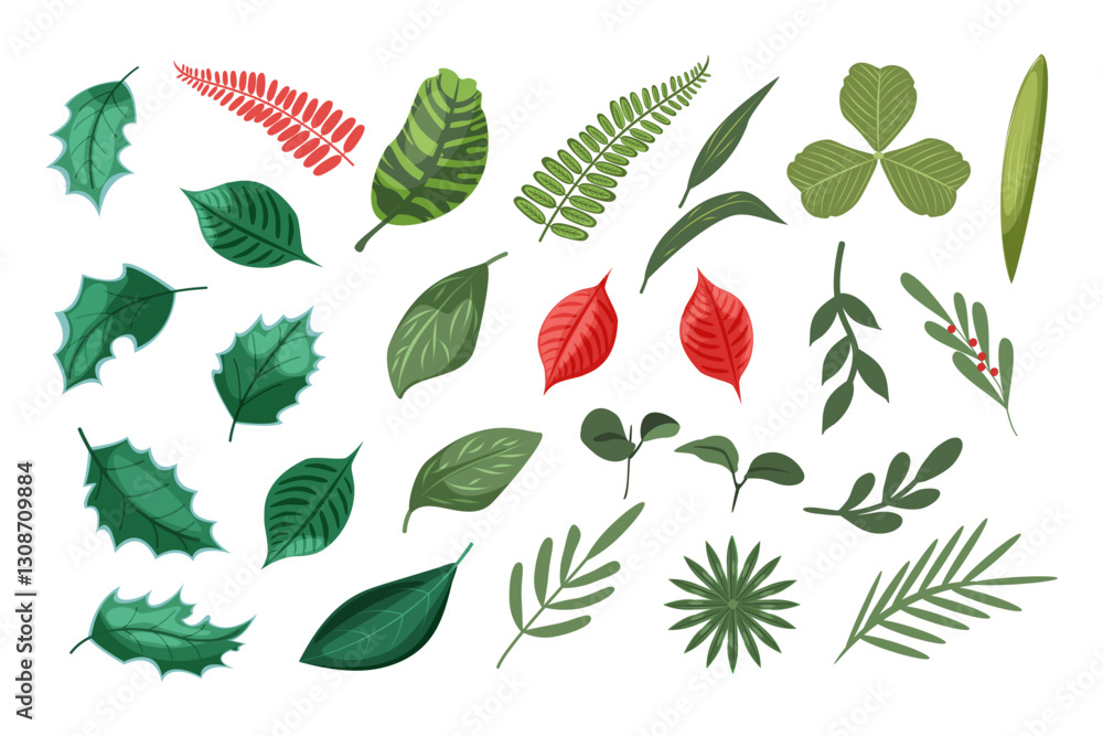 Fototapeta premium A set of leaves of different green and pink plants and a flower. Nature elements for the design of cards, banners, flyers, leaflets. Vector illustration on a white background.