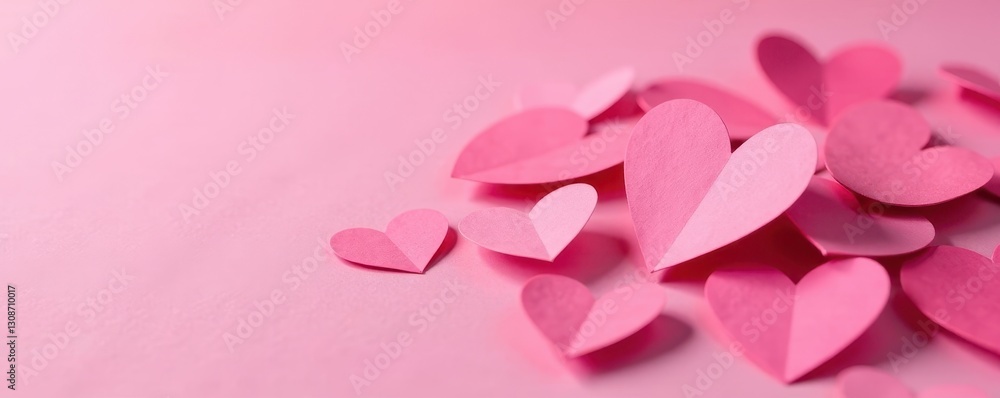 Pile of small paper hearts, pink backdrop, close-up view, macro, artisan, romantic Pile of small paper hearts, pink backdrop, close-up view, macro, artisan, romantic