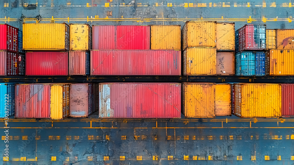 Cargo Containers: Overhead view of a cargo ship's deck, showcasing a vibrant array of stacked containers.