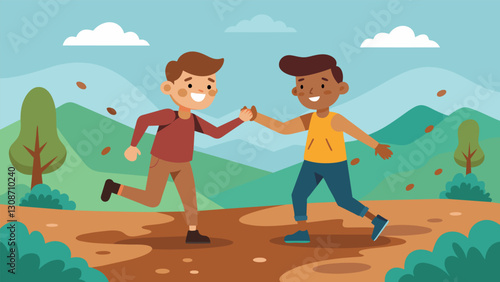 Two friends exchanging encouraging words while trudging through muddy and slippery trails motivating each other to keep going.. Vector illustration
