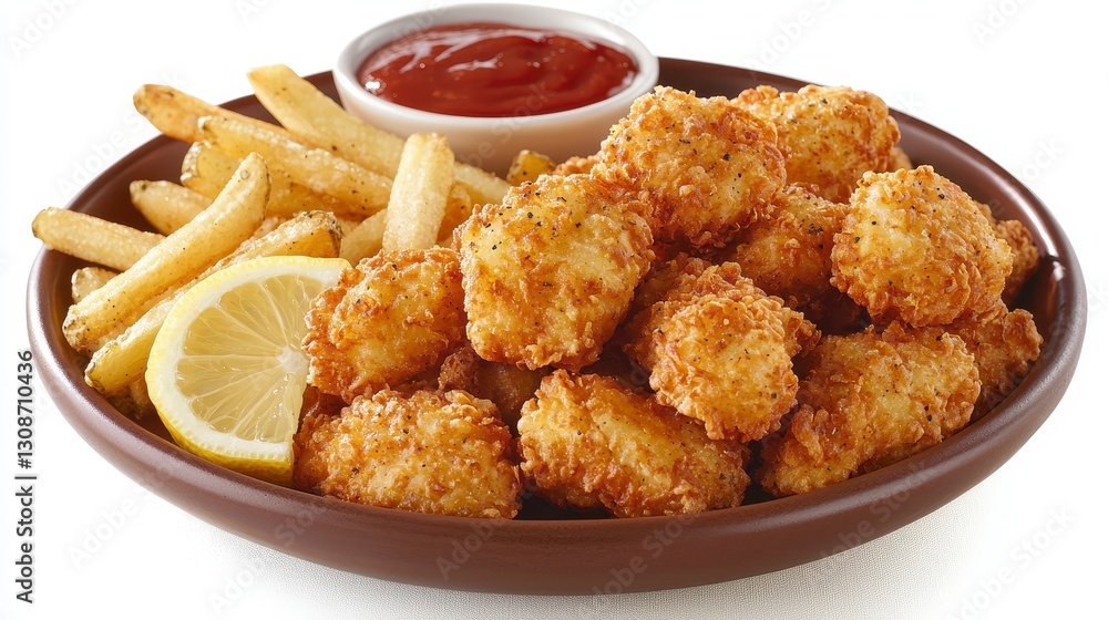 Crispy Fish Bites Delight A Delicious Platter of Golden-Fried Goodness with Crunchy French Fries and Tangy Lemon Wedge, Paired with a Zesty Ketchup Dip, Perfect for Snacking or a Quick Meal Indulge Crispy Fish Bites Delight A Delicious Platter of Golden-Fried Goodness with Crunchy French Fries and Tangy Lemon Wedge, Paired with a Zesty Ketchup Dip, Perfect for Snacking or a Quick Meal Indulge