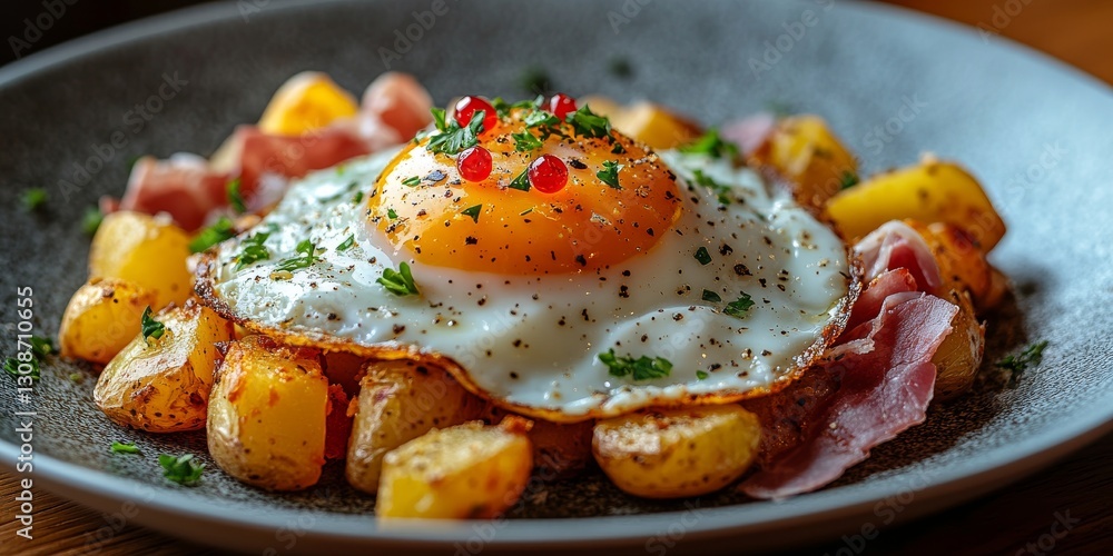 Delicious spanish cuisine with fried egg, potatoes, and ham Delicious spanish cuisine with fried egg, potatoes, and ham