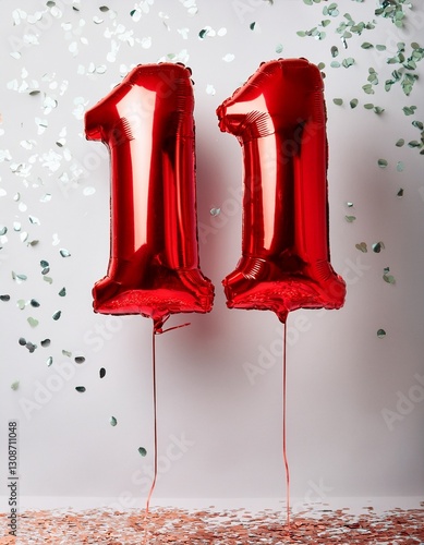 Red balloon number 11 for eleventh birthday or anniversary party. White background with confetti