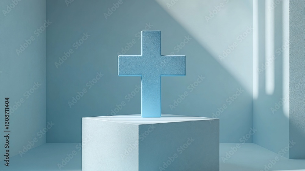 Obraz premium Blue glass cross, serene room, sunlight, faith, hope, website