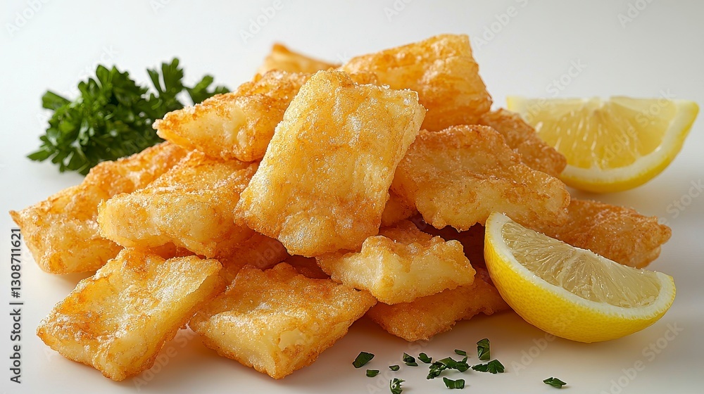 Crispy Golden Fish Bites Delight A Delectable Display of Perfectly Fried Cod, Served with Fresh Lemon Wedges and Garnished with Parsley, a Tempting Appetizer or Snack, Ideal for Seafood Lovers and Crispy Golden Fish Bites Delight A Delectable Display of Perfectly Fried Cod, Served with Fresh Lemon Wedges and Garnished with Parsley, a Tempting Appetizer or Snack, Ideal for Seafood Lovers and