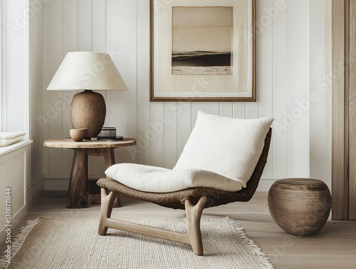 Minimalist modern home interior neutral decor warm beige white aesthetic cozy living space elegant Scandinavian style boho natural materials sunlight soft textures organic shapes stylish furniture