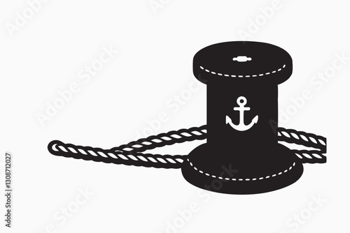 Bitt with rope bollard sketch vector image. Marine bollard with rope tied on pier icon isolated on transparent background. 