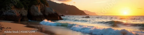 Golden hour light on secluded cove, calm Pacific waves , sun, Mexican beach, waves