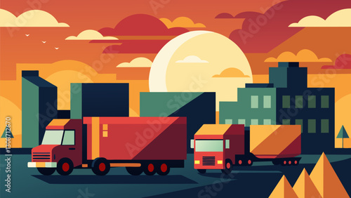 The stillness of the morning is broken by the distant hum of machinery and the low rumble of trucks pulling in to unload their cargo.. Vector illustration
