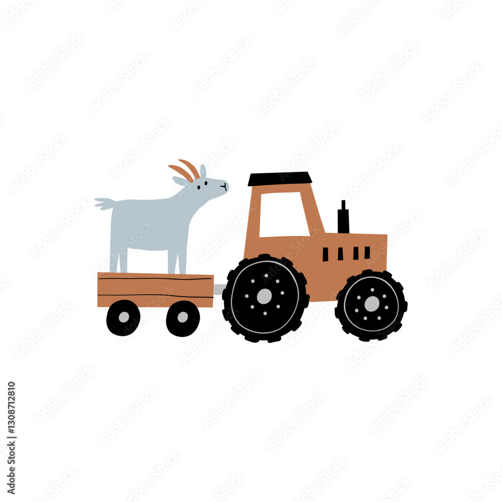 Obraz premium Cute farm animals in flat style. Hand-drawn country animal, car, tractor. Childish character. Cartoon flat graphic vector illustrations