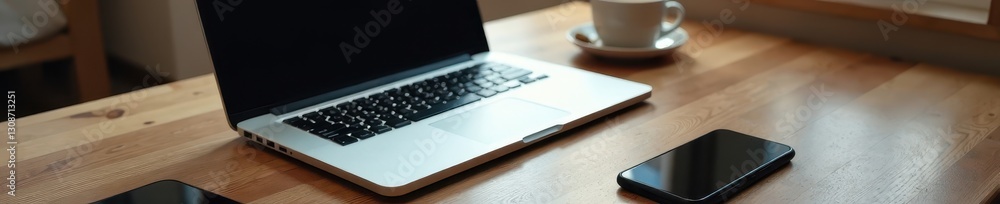 Sleek laptop, coffee, phone; bright desk High angle , keyboard, background, bright Sleek laptop, coffee, phone; bright desk High angle , keyboard, background, bright