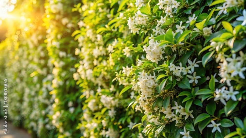 Wall of jasmine plants in full spring bloom with very green and shiny leaves on a sunny day Wall of jasmine plants in full spring bloom with very green and shiny leaves on a sunny day