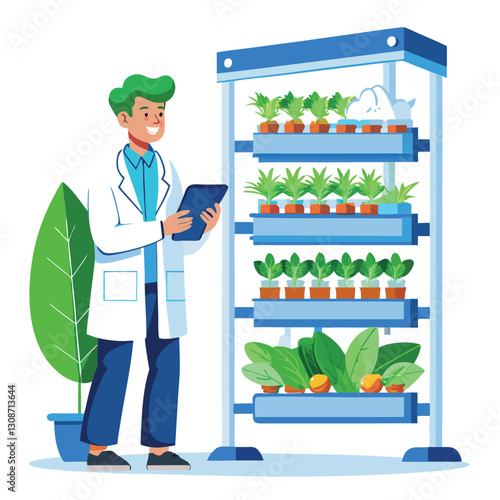 scientist inspecting vertical farming racks vector image on white background 