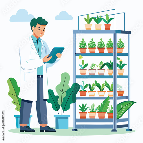 scientist inspecting vertical farming racks vector image on white background 