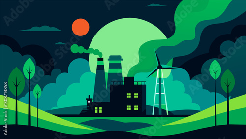 Vibrant green energy meets the dark shadows of a fossil fuel plant in this landscape of contrasts.. Vector illustration