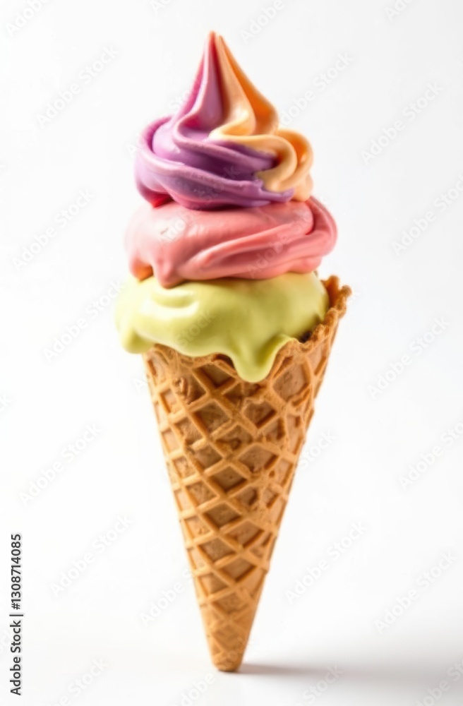 Delicious multicolored ice cream melting in waffle cone on white background Delicious multicolored ice cream melting in waffle cone on white background