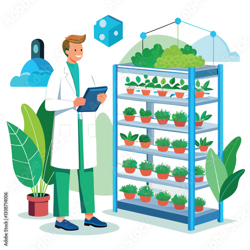 scientist inspecting vertical farming racks vector image on white background 