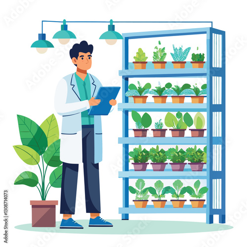 scientist inspecting vertical farming racks vector image on white background 