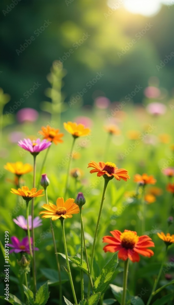 Vibrant wildflowers in lush meadow, sunlight dappled , flora, petals, wild Vibrant wildflowers in lush meadow, sunlight dappled , flora, petals, wild