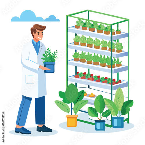 scientist inspecting vertical farming racks vector image on white background 
