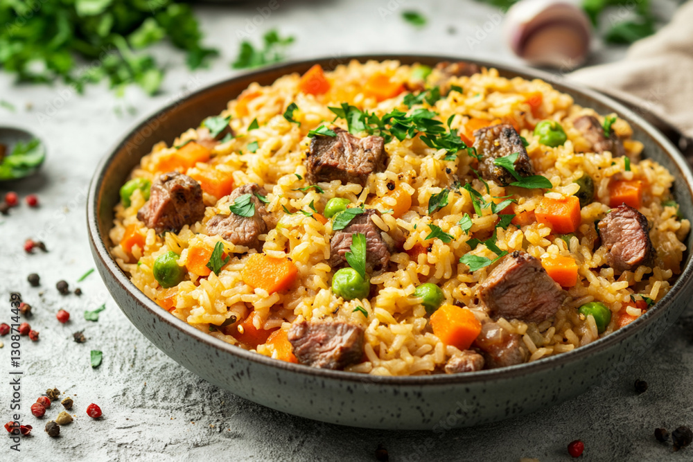 Turkish pilaf with lamb, vegetables and spices, garnished with herbs Turkish pilaf with lamb, vegetables and spices, garnished with herbs