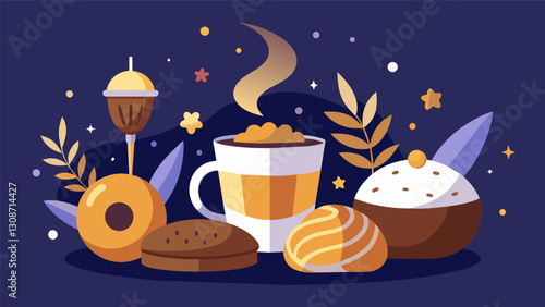 The smell of freshly brewed coffee mingling with the sweet aroma of baked goods creates a comforting and inviting sensory experience for the attendees. Vector illustration