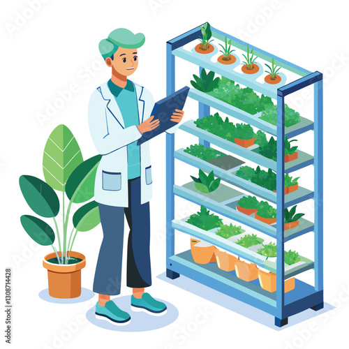 scientist inspecting vertical farming racks vector image on white background 