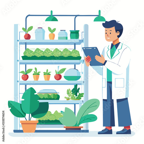 scientist inspecting vertical farming racks vector image on white background 