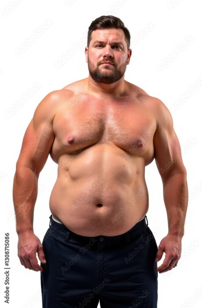Strong overweight man showing dad bod on white background Strong overweight man showing dad bod on white background