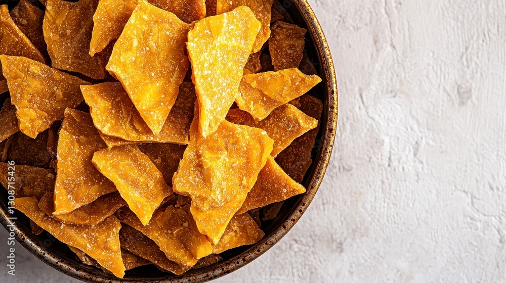 Delicious Dehydrated Mango Slices in Rustic Bowl A Close-Up Studio Shot Showcasing the Vibrant Golden Color and Crispy Texture of this Healthy Tropical Fruit Snack, Perfect for Food Photography Delicious Dehydrated Mango Slices in Rustic Bowl A Close-Up Studio Shot Showcasing the Vibrant Golden Color and Crispy Texture of this Healthy Tropical Fruit Snack, Perfect for Food Photography
