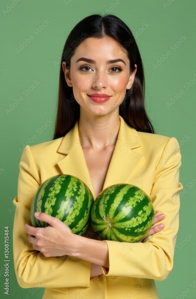 Smiling businesswoman holding two watermelons in front of her chest Smiling businesswoman holding two watermelons in front of her chest