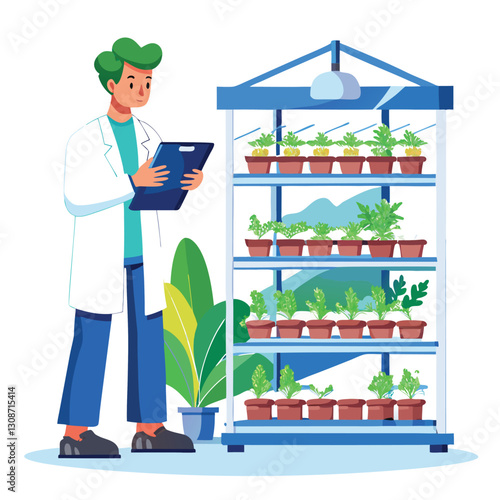 scientist inspecting vertical farming racks vector image on white background 
