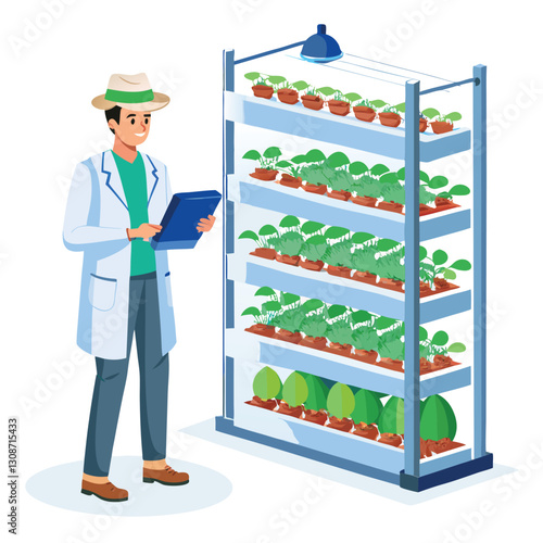 scientist inspecting vertical farming racks vector image on white background 