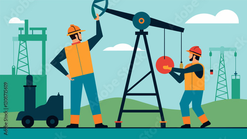 Two technicians lowering a new pump into an oil well carefully guiding it into place.. Vector illustration