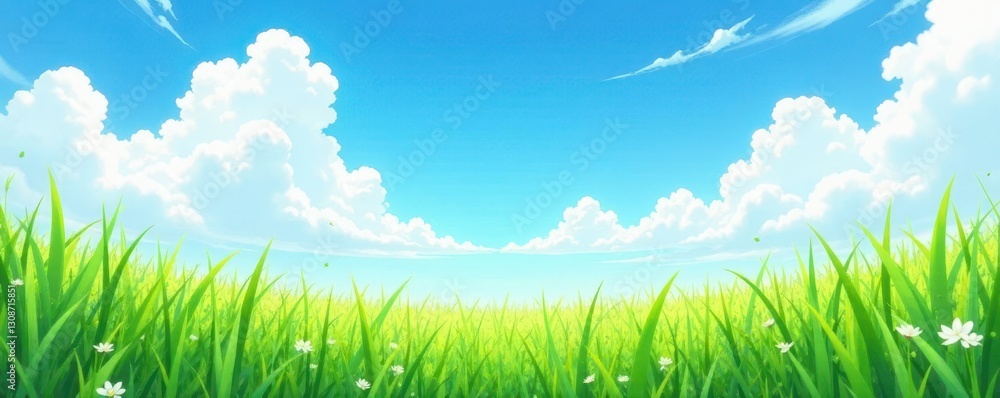 Obraz premium Soft grass sways gently in a light sea breeze under a vibrant blue sky dotted with wispy clouds , white, clouds