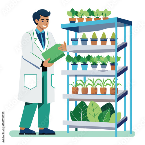 scientist inspecting vertical farming racks vector image on white background 