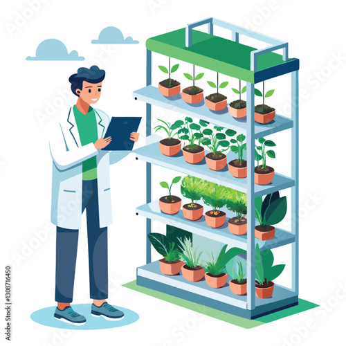 scientist inspecting vertical farming racks vector image on white background 