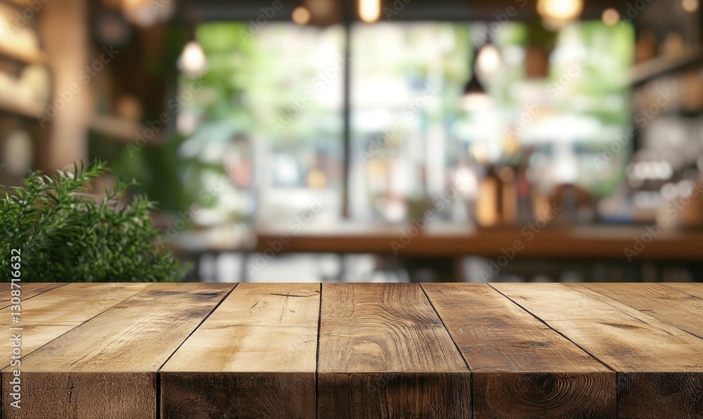 Wooden Table Surface with Blurred Coffee Shop Background for Product Display Wooden Table Surface with Blurred Coffee Shop Background for Product Display