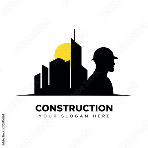 Construction worker logo with city buildings. Creative real estate construction logo