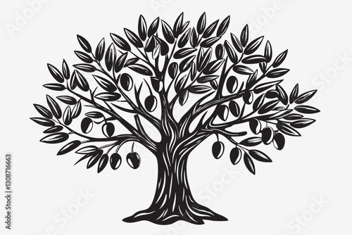 Hand drawn vector illustration of olive tree. Olive tree twig botanical drawings in engraved style. Vector food illustration