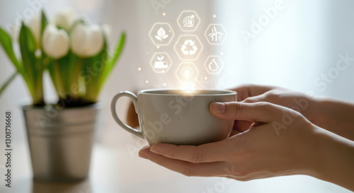 Sustainable living: female hand holding eco-concept mug with environmental icons