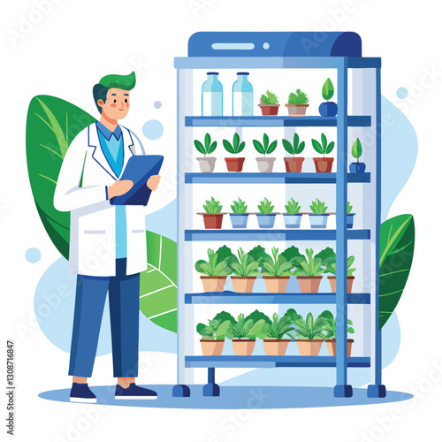 scientist inspecting vertical farming racks vector image on white background 
